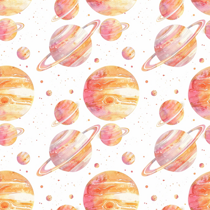 Pattern of watercolor planets with rings and various textures in orange and pink hues on a white background.