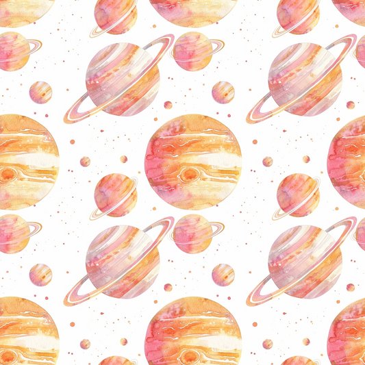 Pattern of watercolor planets with rings and various textures in orange and pink hues on a white background.