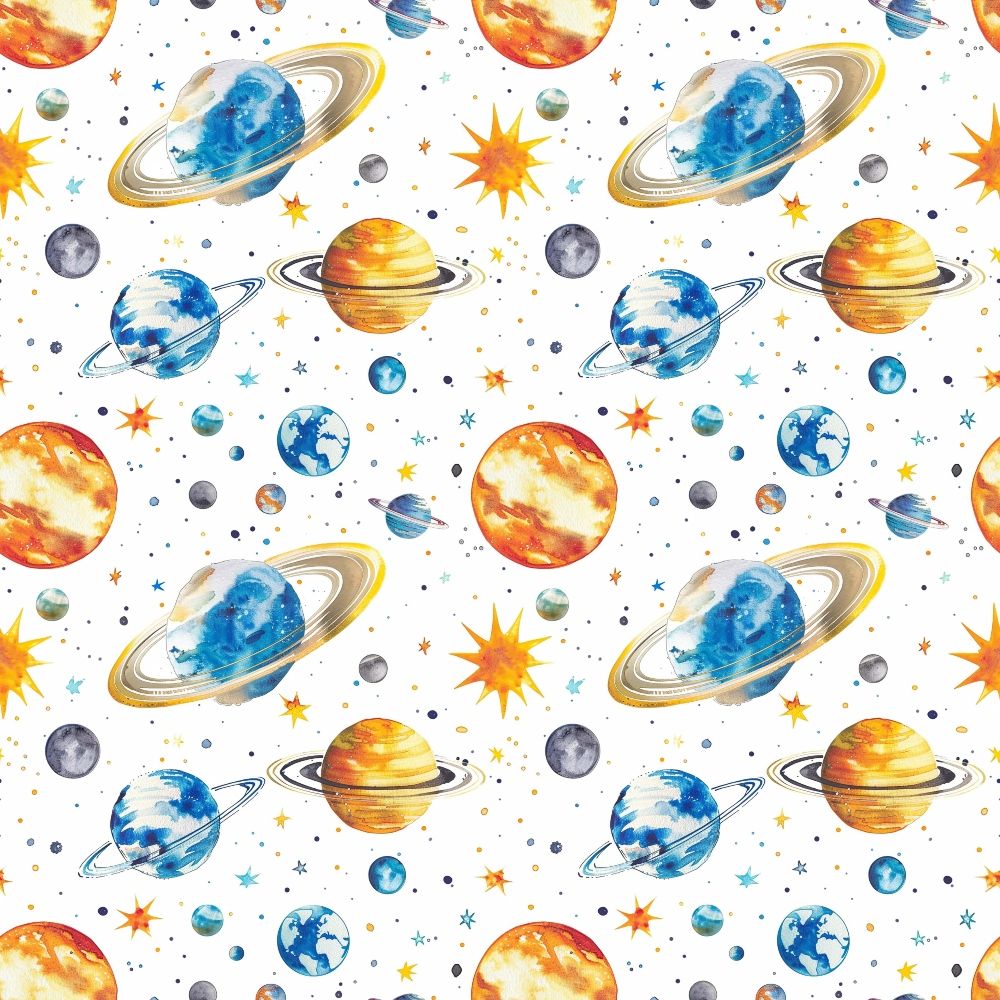 Colorful illustrated pattern of various planets, stars, and comets against a white background.