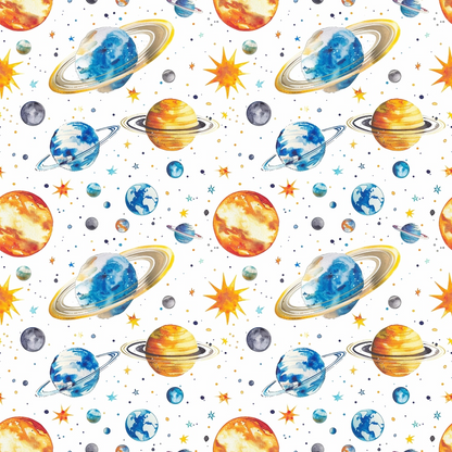 Colorful illustrated pattern of various planets, stars, and comets against a white background.