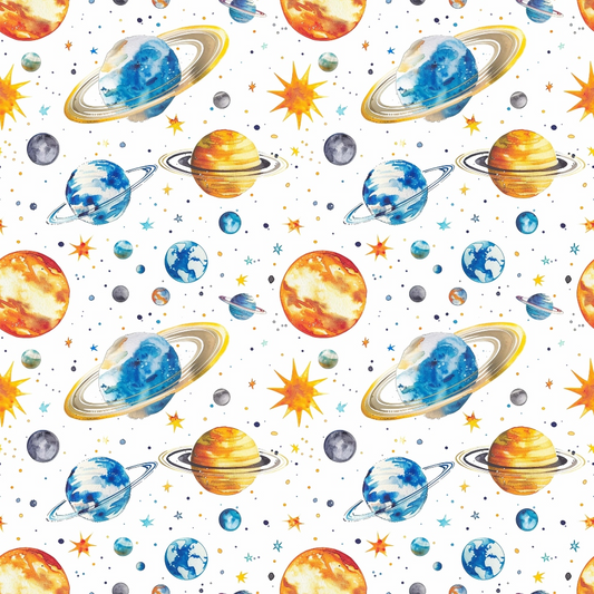 Colorful illustrated pattern of various planets, stars, and comets against a white background.