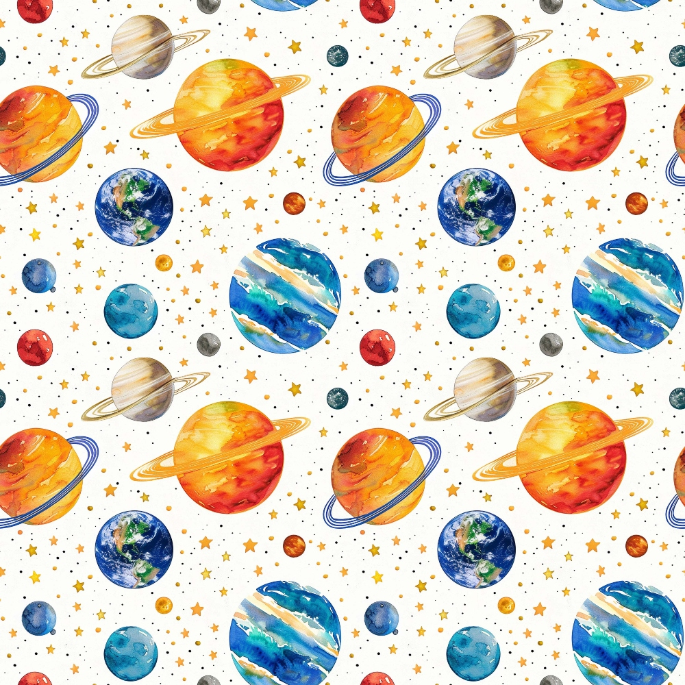 Pattern of watercolor planets, including Earth and Saturn, with stars and asteroids on a white background.