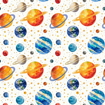 Pattern of watercolor planets, including Earth and Saturn, with stars and asteroids on a white background.