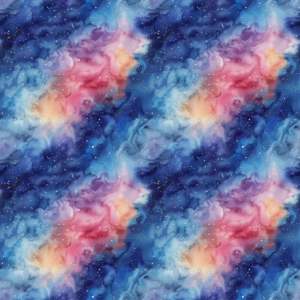 Colorful nebula pattern with swirls of blue, pink, and orange, dotted with small white stars.