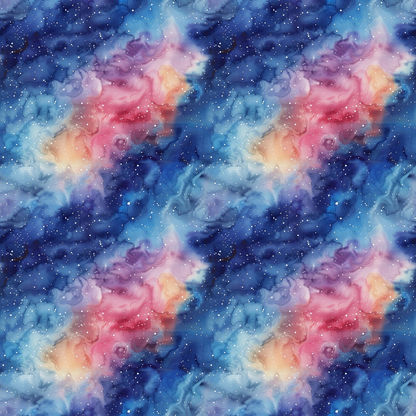 Colorful nebula pattern with swirls of blue, pink, and orange, dotted with small white stars.