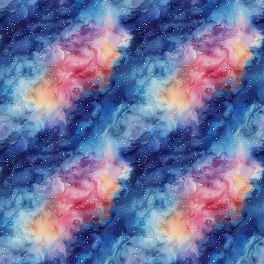 Colorful nebula pattern with swirls of blue, pink, and orange, dotted with small white stars.