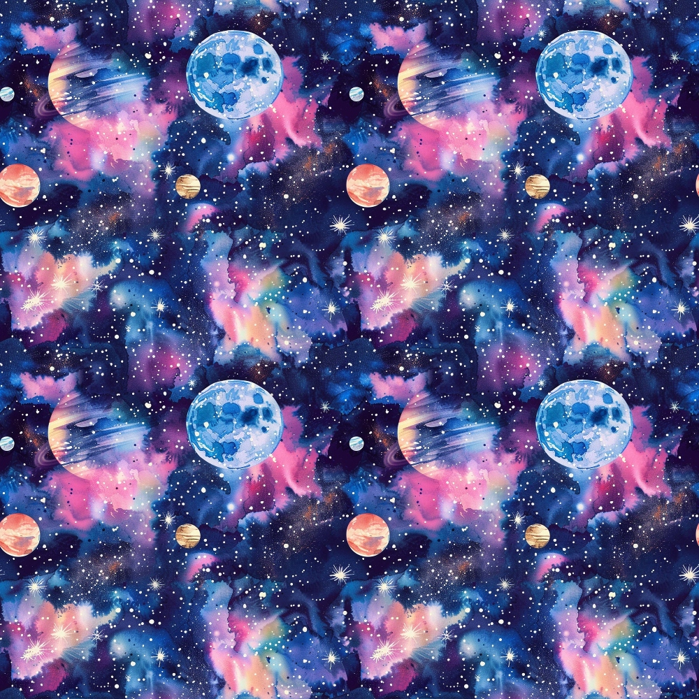 Colorful space-themed pattern with planets, stars, and nebulae on a dark background featuring shades of blue, pink, and purple.