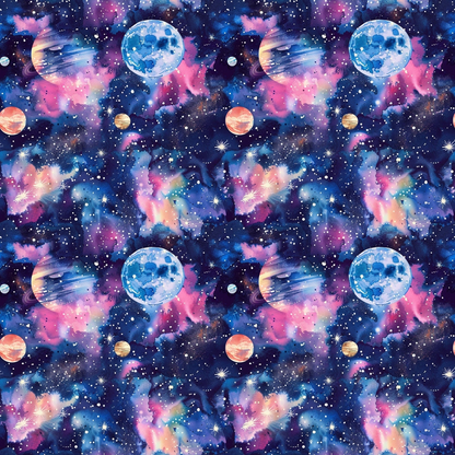 Colorful space-themed pattern with planets, stars, and nebulae on a dark background featuring shades of blue, pink, and purple.