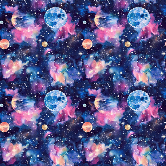 Colorful space-themed pattern with planets, stars, and nebulae on a dark background featuring shades of blue, pink, and purple.