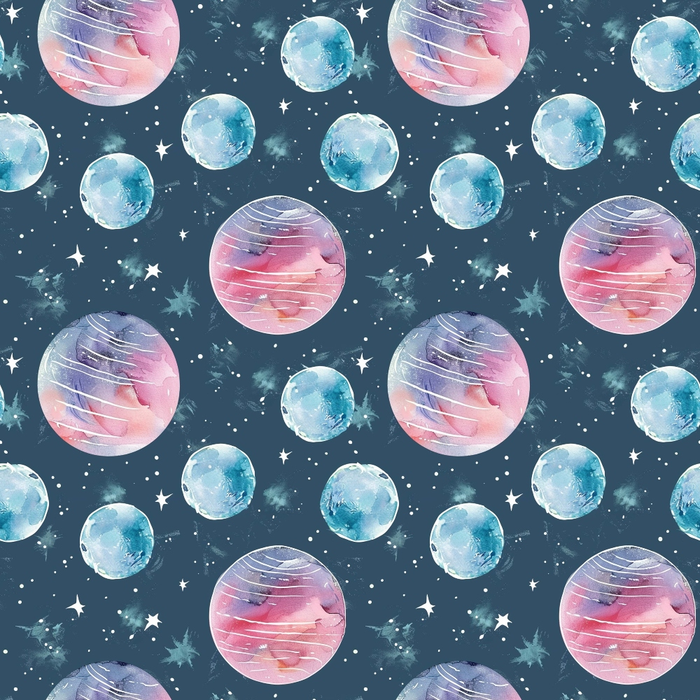 Pattern of watercolor planets and stars on a dark blue background.