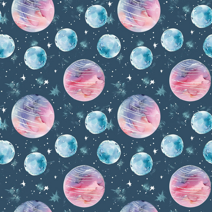 Pattern of watercolor planets and stars on a dark blue background.