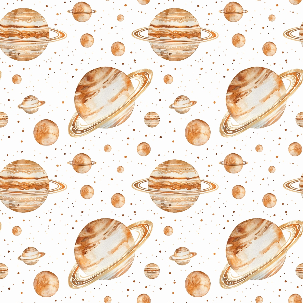 Pattern featuring watercolor-style planets with rings and moons on a white background.