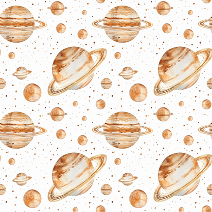 Pattern featuring watercolor-style planets with rings and moons on a white background.