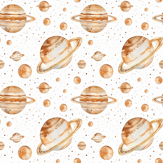 Pattern featuring watercolor-style planets with rings and moons on a white background.