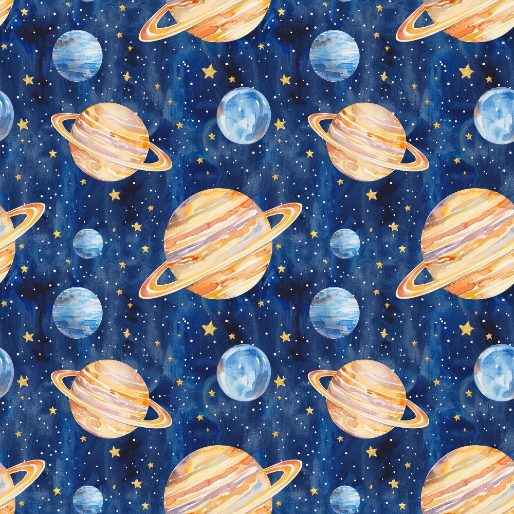 Pattern of illustrated planets with rings and stars on a dark blue background.