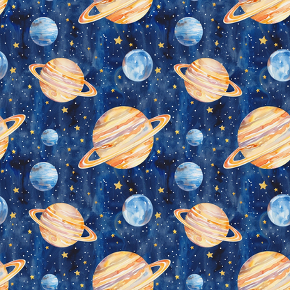 Pattern of illustrated planets with rings and stars on a dark blue background.