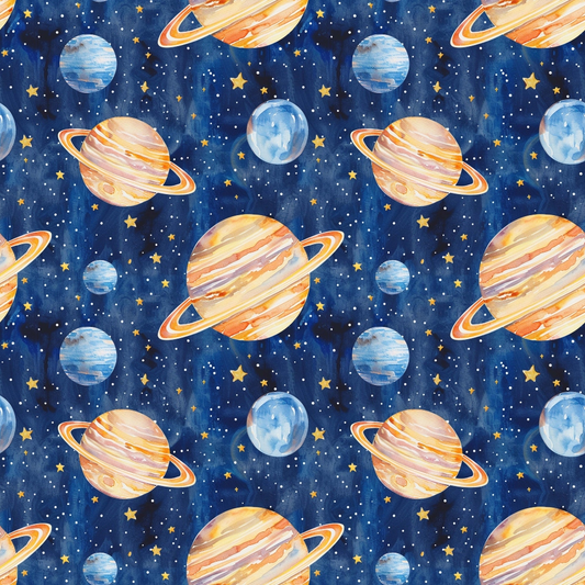 Pattern of illustrated planets with rings and stars on a dark blue background.