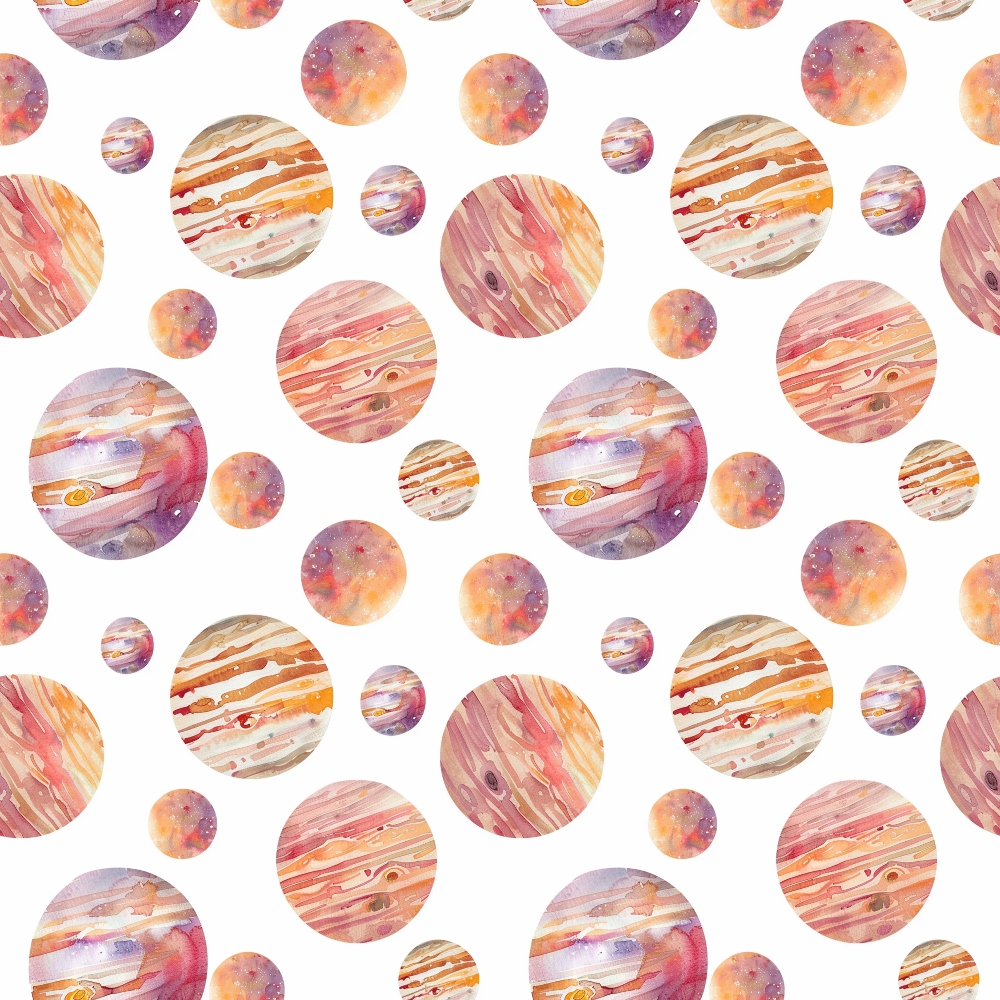 Pattern of watercolor planets with various textures and colors on a white background.