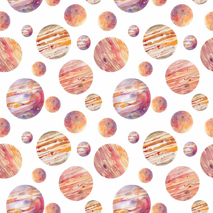 Pattern of watercolor planets with various textures and colors on a white background.