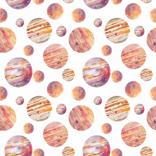 Pattern of watercolor planets with various textures and colors on a white background.