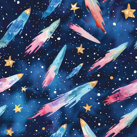 Colorful rockets and stars on a dark blue background with a starry sky theme.