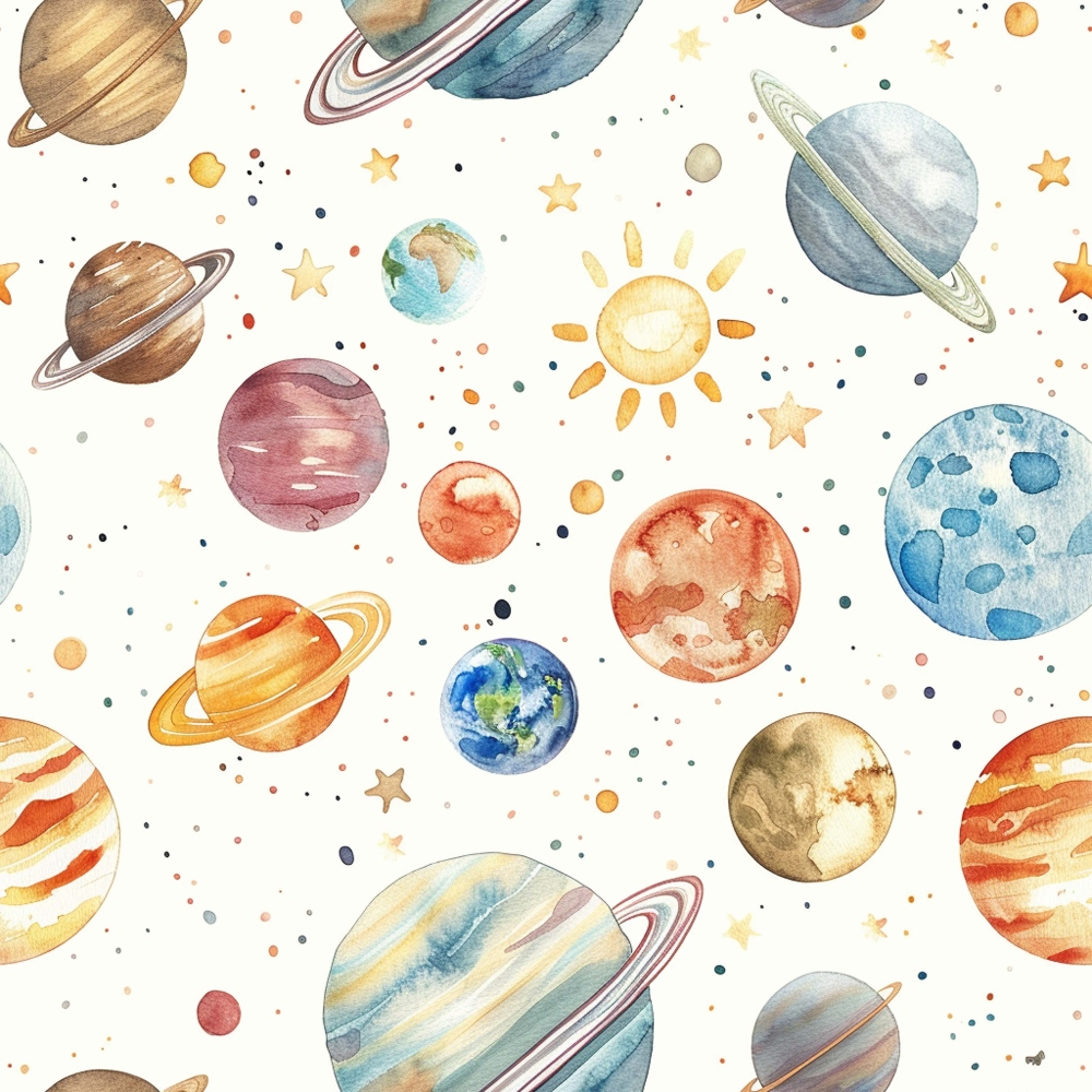 Whimsical watercolor pattern of planets, stars, and the sun on a white background.