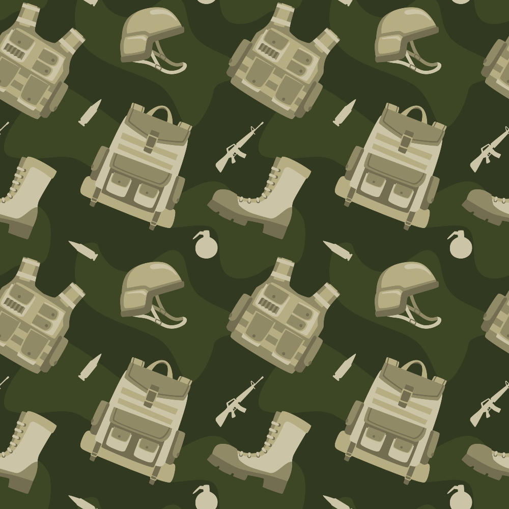 Seamless military pattern with helmets, vests, backpacks, boots, grenades, and rifles on a dark green background.