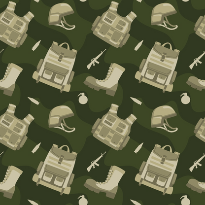 Seamless military pattern with helmets, vests, backpacks, boots, grenades, and rifles on a dark green background.