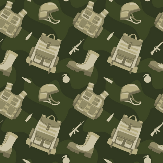 Seamless military pattern with helmets, vests, backpacks, boots, grenades, and rifles on a dark green background.