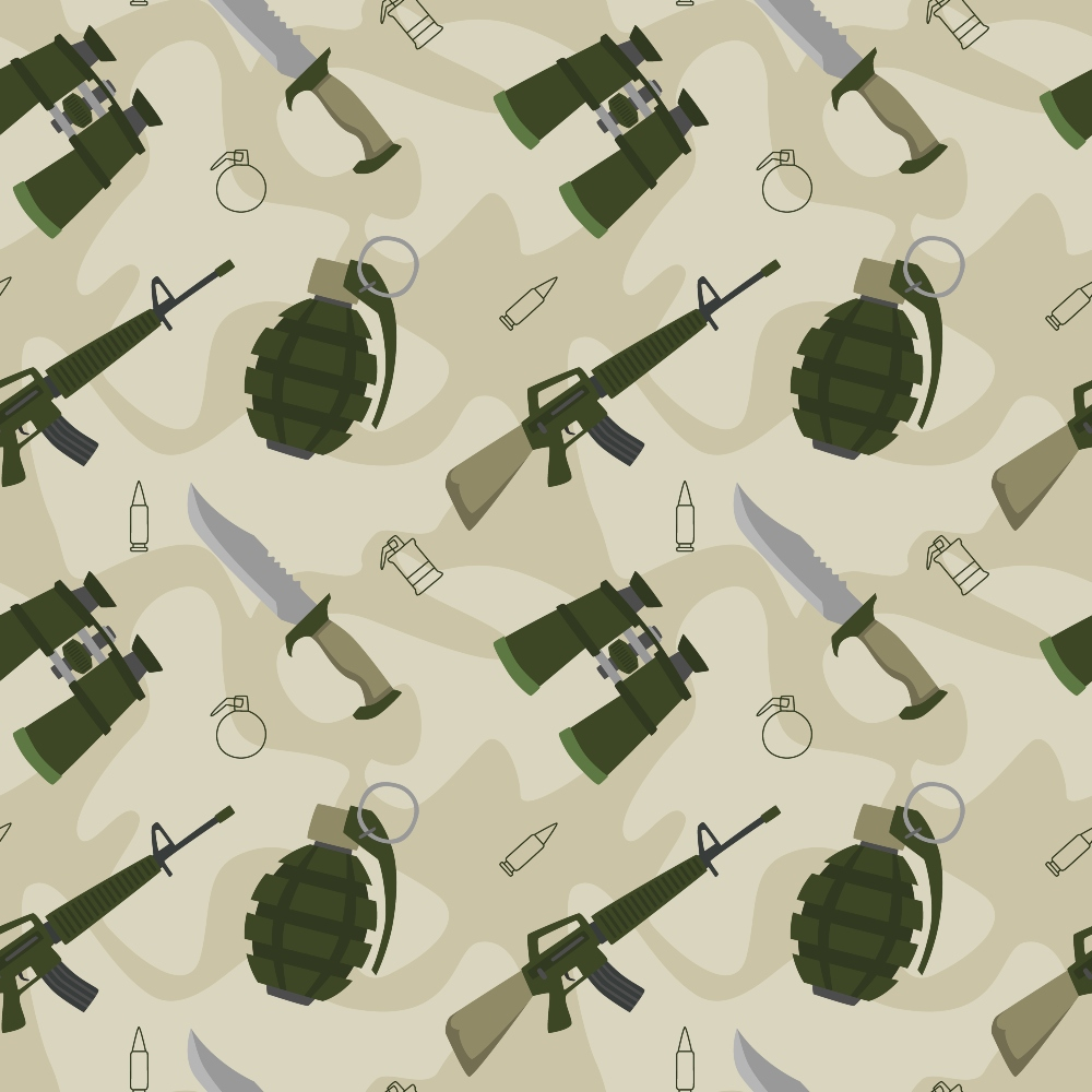 Pattern of military items including grenades, rifles, binoculars, knives, bullets, and canteens on a beige background.