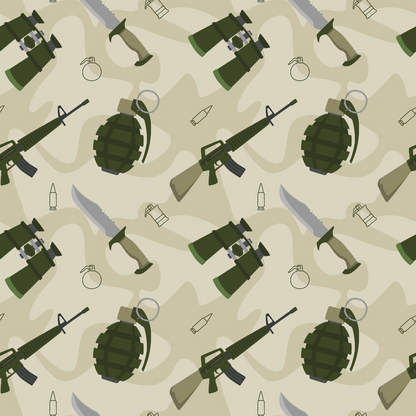 Pattern of military items including grenades, rifles, binoculars, knives, bullets, and canteens on a beige background.