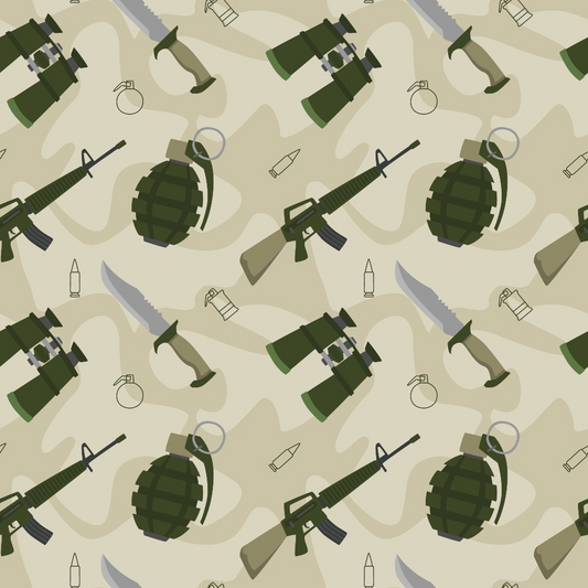 Pattern of military items including grenades, rifles, binoculars, knives, bullets, and canteens on a beige background.