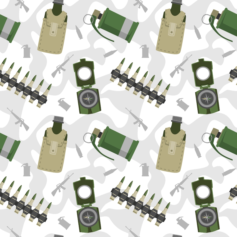 Military-themed pattern featuring compasses, canteens, grenades, ammunition belts, and rifles on a light background.