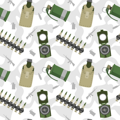 Military-themed pattern featuring compasses, canteens, grenades, ammunition belts, and rifles on a light background.