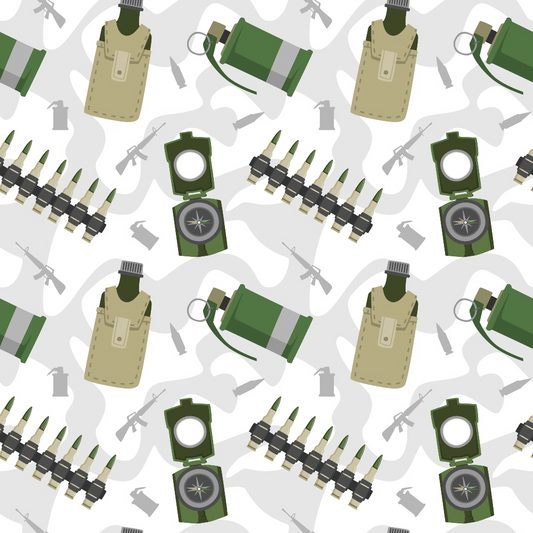 Military-themed pattern featuring compasses, canteens, grenades, ammunition belts, and rifles on a light background.