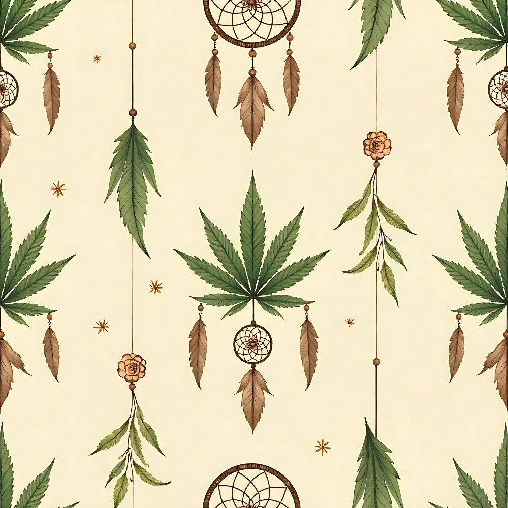 Patterned image featuring cannabis leaves, dreamcatchers, and hanging feathers on a beige background.