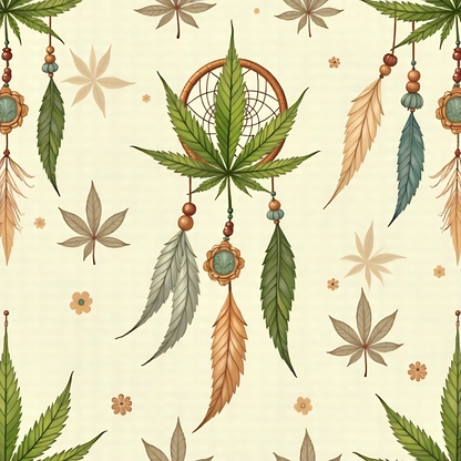 Illustrated pattern featuring dreamcatchers and leaves in earthy tones on a cream background.