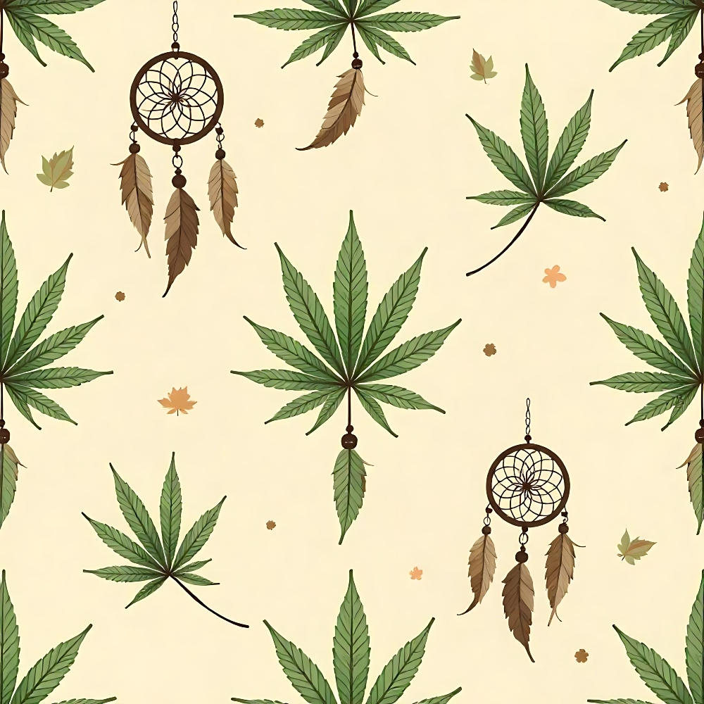 Pattern of green, seven-pointed leaves and dreamcatchers on a beige background, with scattered small autumn leaves.