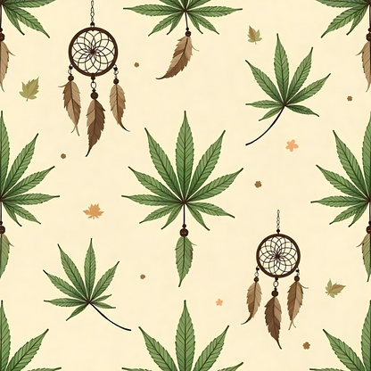 Pattern of green, seven-pointed leaves and dreamcatchers on a beige background, with scattered small autumn leaves.