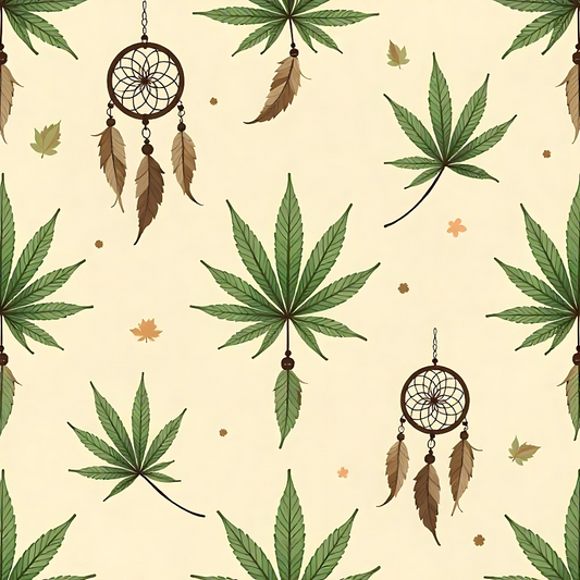 Pattern of green, seven-pointed leaves and dreamcatchers on a beige background, with scattered small autumn leaves.