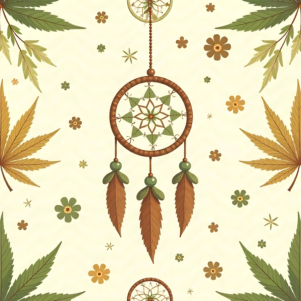 Illustrated dreamcatcher with green and brown feathers, surrounded by leaves and flowers on a light background.