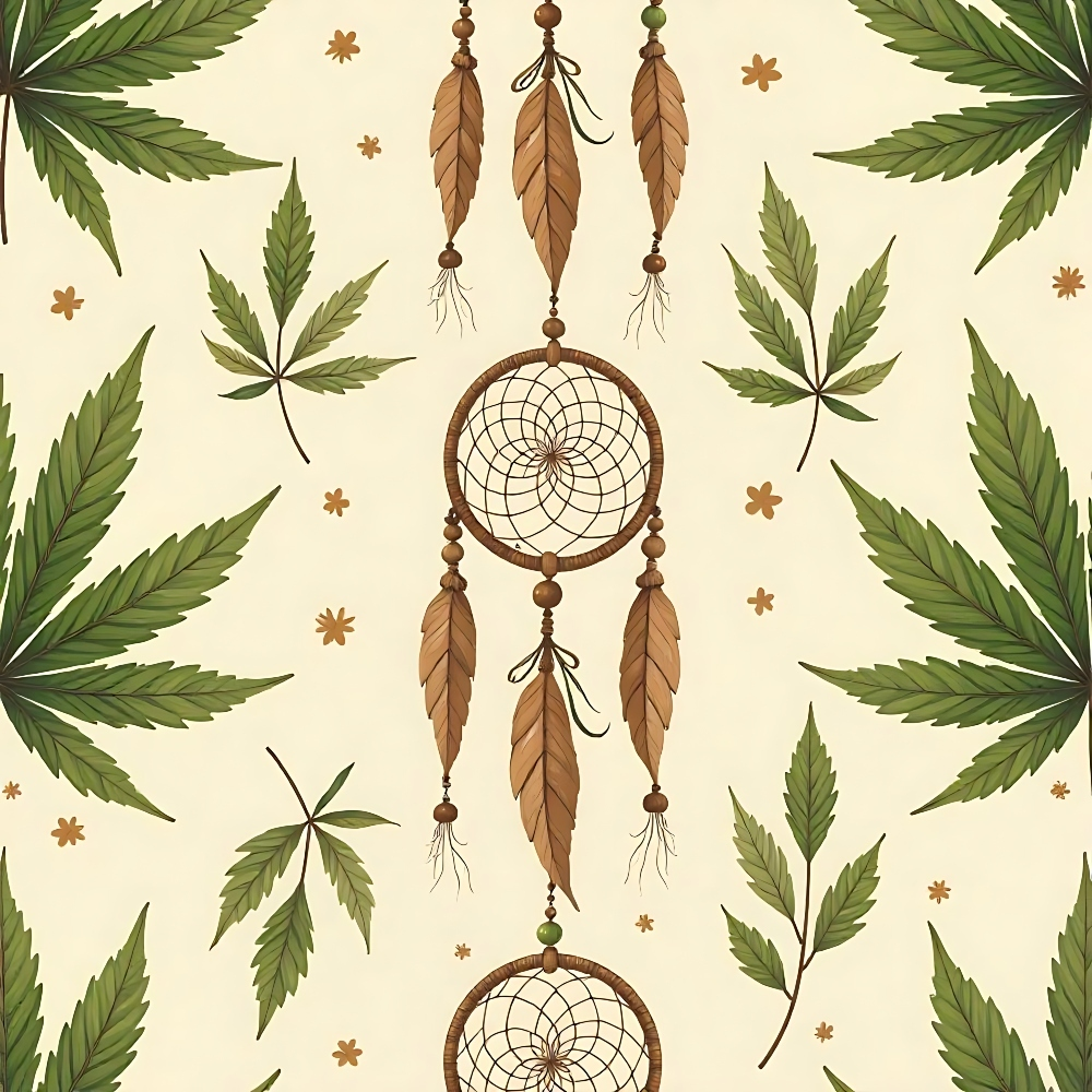 Illustration of three dreamcatchers with brown feathers surrounded by green cannabis leaves and small scattered stars on a light background.