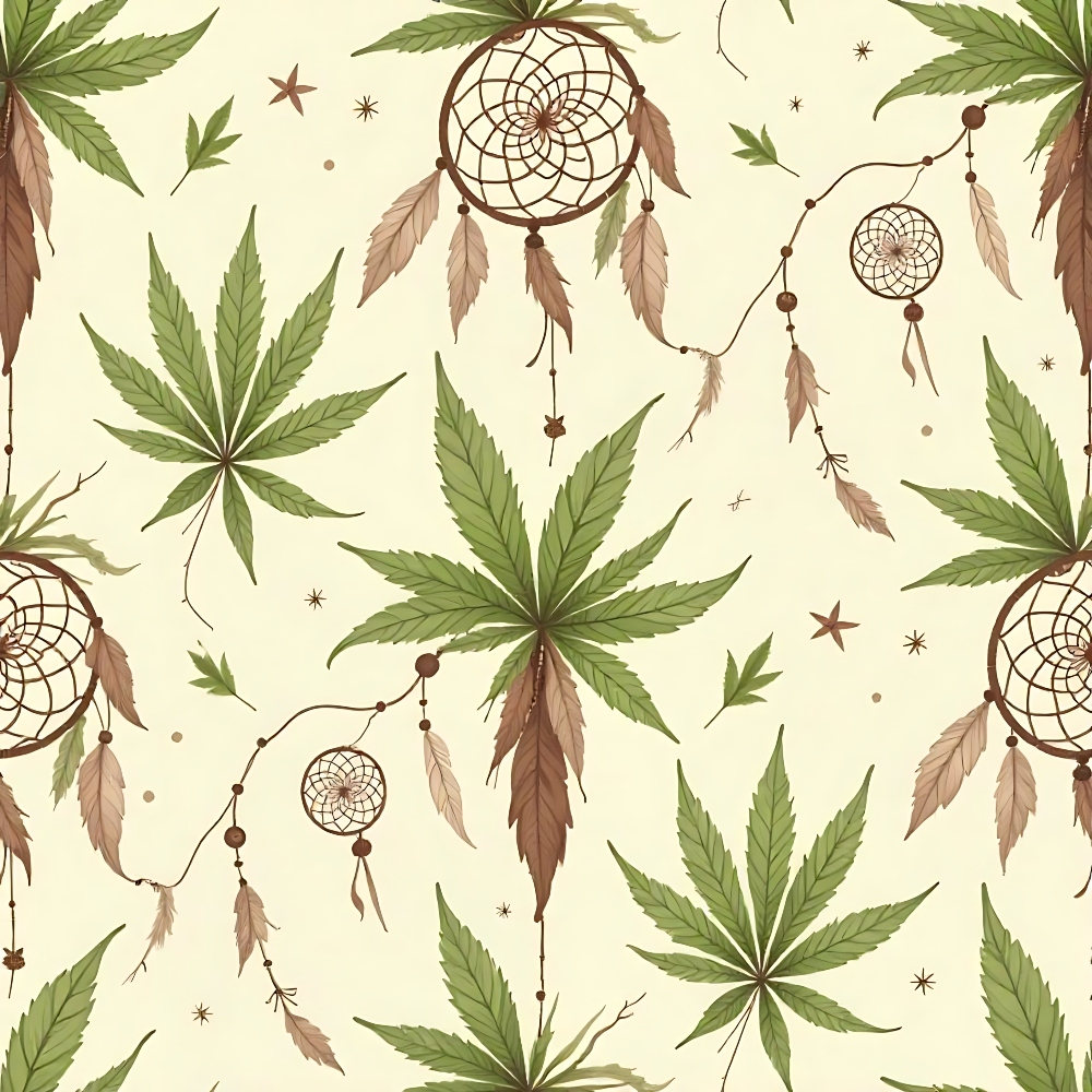 Pattern of green cannabis leaves and brown dreamcatchers on a beige background.