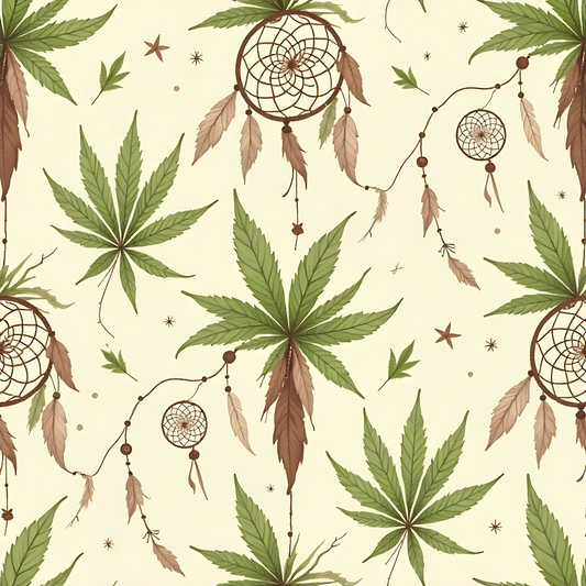 Pattern of green cannabis leaves and brown dreamcatchers on a beige background.