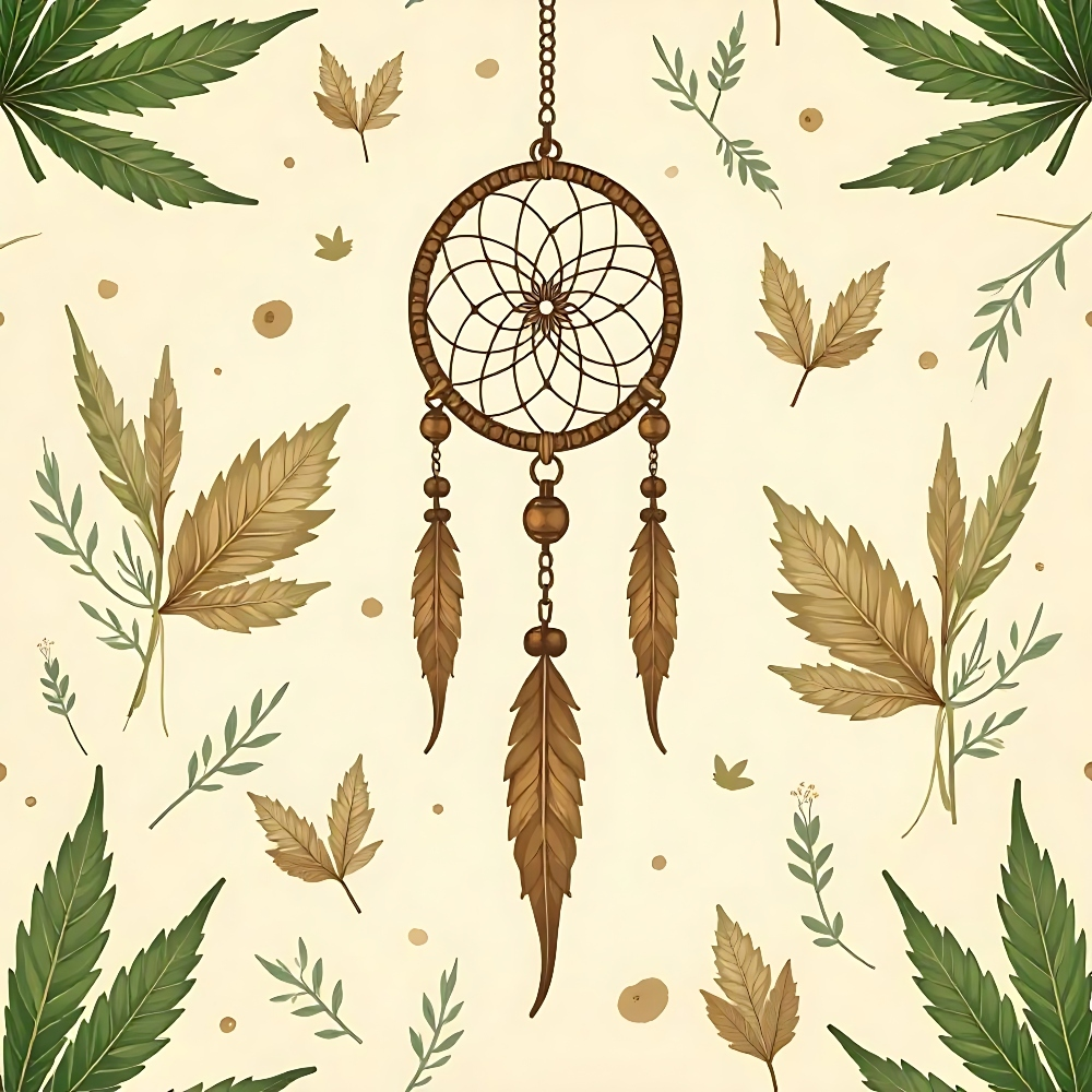 A dreamcatcher with brown feathers hangs in the center, surrounded by green and brown leaves on a beige background.