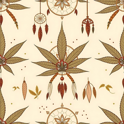 Pattern of stylized cannabis leaves, dreamcatchers, and feathers in earthy tones on a light beige background.