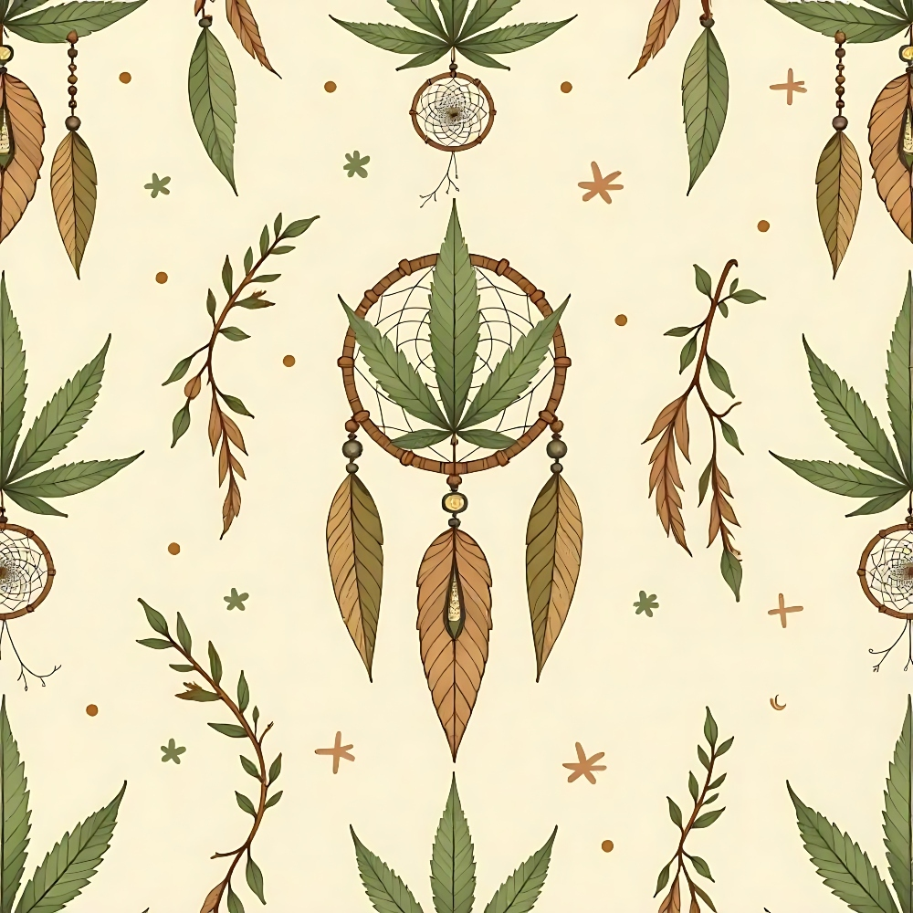 Seamless pattern of dreamcatchers and leaves on a light background with small decorative elements.