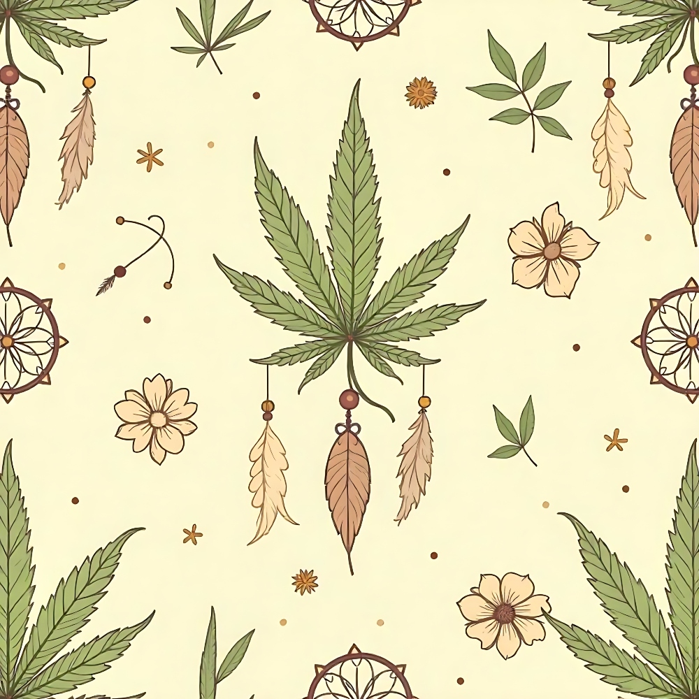 Patterned design featuring cannabis leaves, feathers, and flowers on a light background.