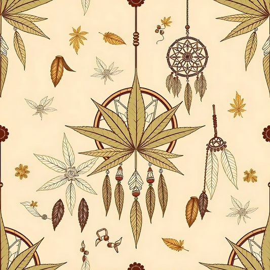 Illustrated pattern featuring dreamcatchers and leaves in autumn colors on a beige background.