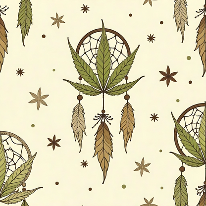 Pattern of dreamcatchers with cannabis leaves and feathers, surrounded by small stars and dots on a light background.